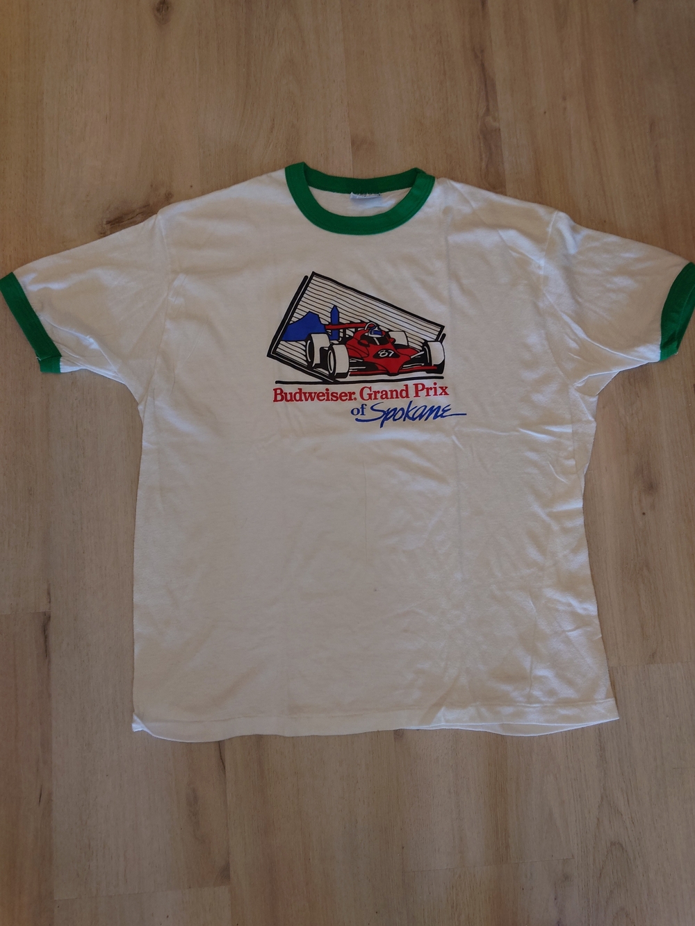 Hanes White Ringer T-Shirt with Green Trim and Red/Blue Race Graphic